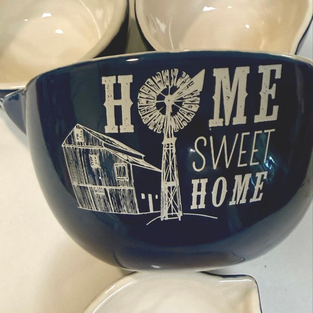 Home Sweet Home Ceramic Measuring Cups Set 4 Cobalt Blue Farmhouse Barn Windmill
